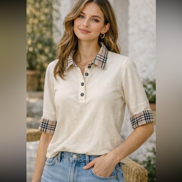 Burberry Tops - Burberry Blue Label Nova Check Collar Polo Top Cream Cotton Japan Small